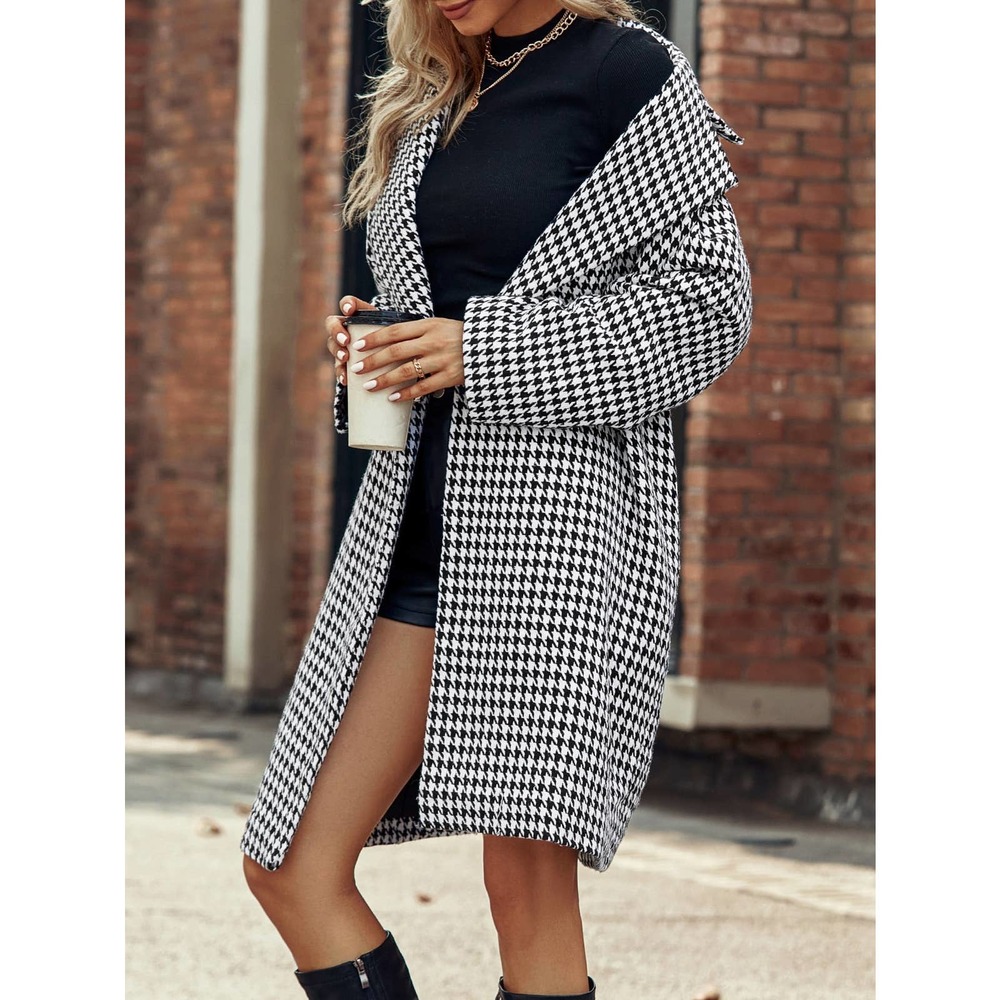 Houndstooth Lapel Collar Double Button Overcoat pea coat - Picture 5 of 6